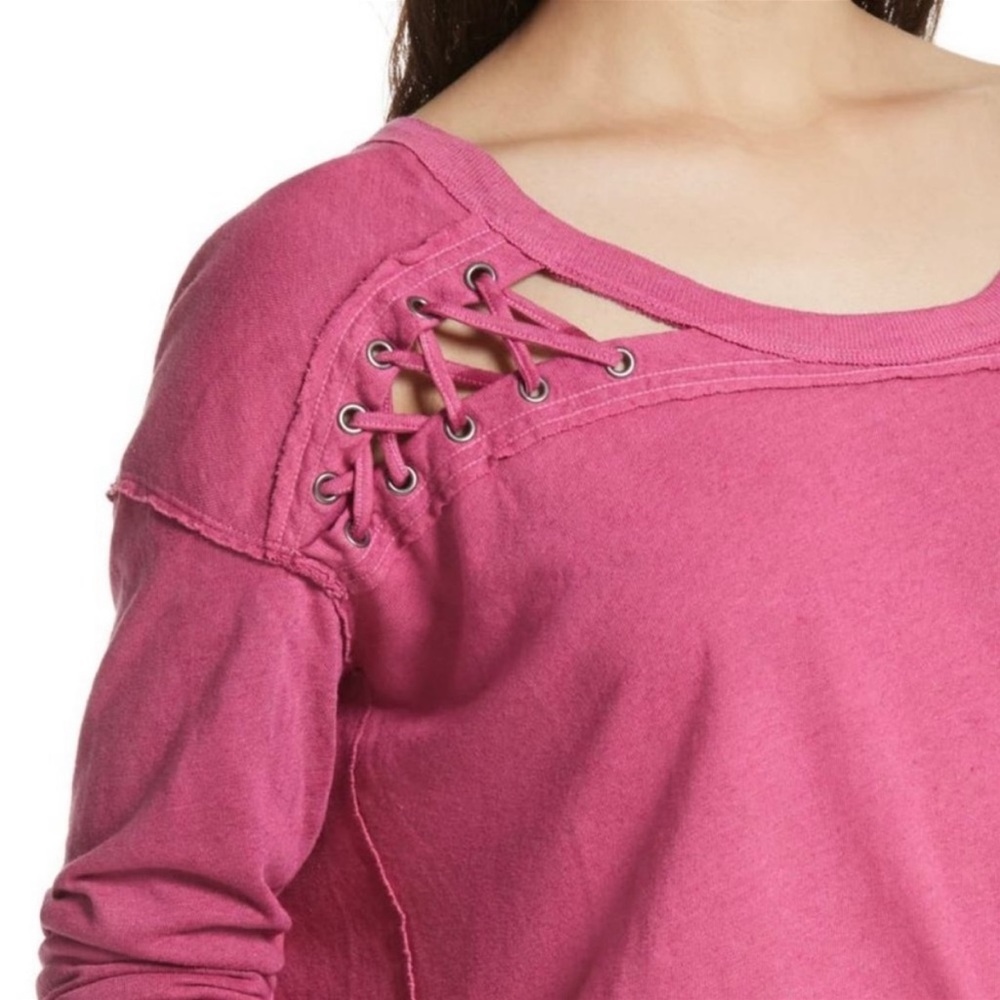 NWT Free People XS First Love Lace Up Tee Berry Twilight - Picture 2 of 6